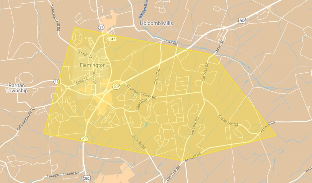 Map showing the areas of Flemington Borough and Raritan Township, NJ in which On Laura's Leash provides dog walking and pet care services